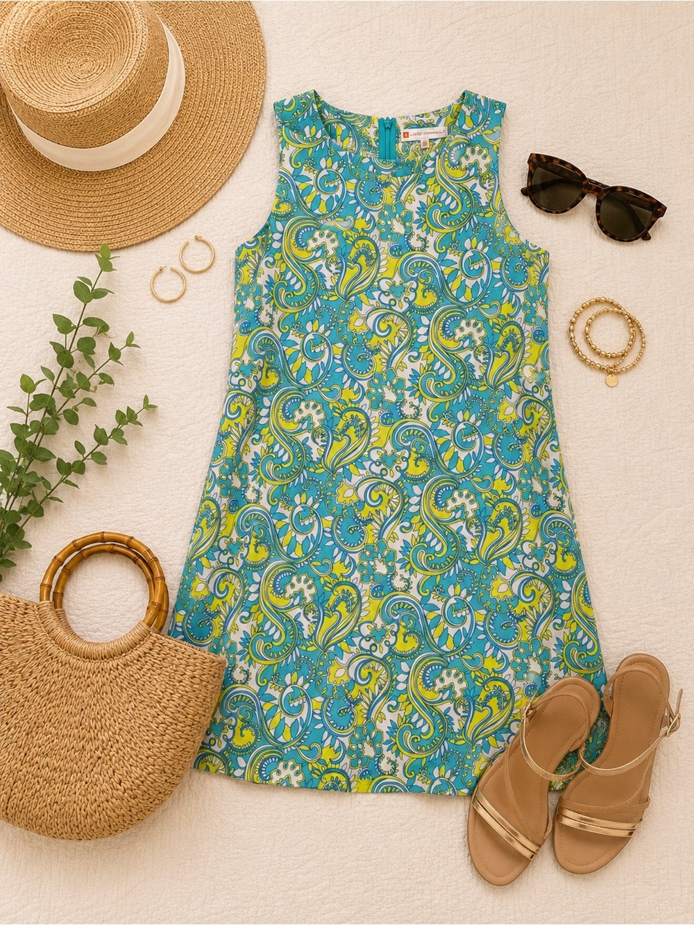 Jude Connally Turquoise & Lime Paisley Sleeveless Shift